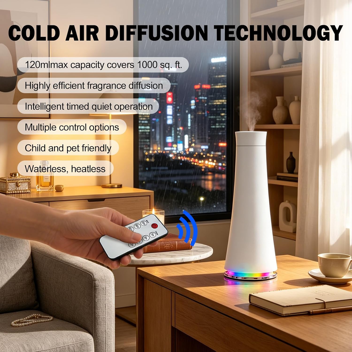 Waterless Scent Diffuser Kit，Included 5 * 20ml Hotel Scent Oils,7-Color LED Night Light, 160ml Large Capacity, Covers 1500 Square feet, Suitable for Homes, Offices, Hotels, and spas. (XL)