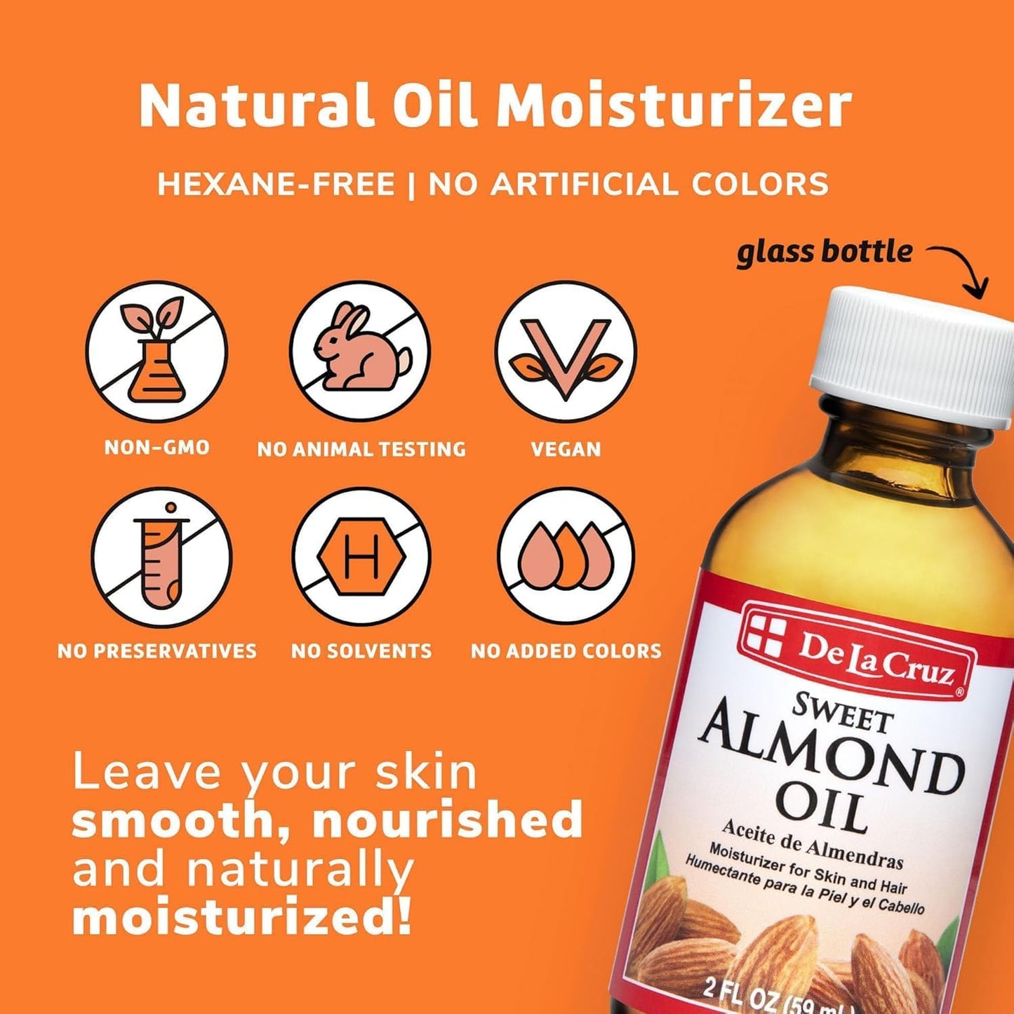 De La Cruz Sweet Almond Oil, Natural Hair and Skin Moisturizer, 3-Pack of 2 FL Oz Glass Bottles