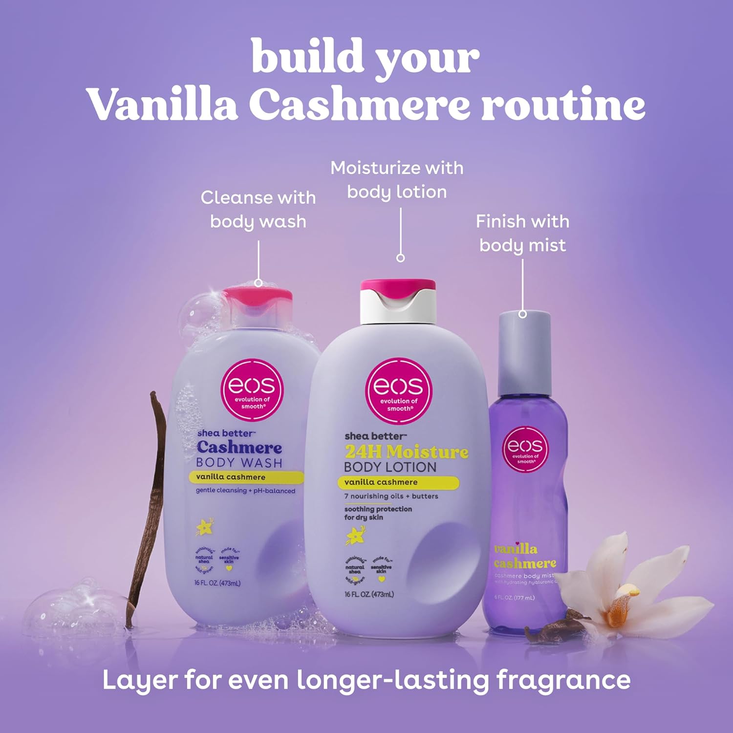 eos Body Wash, Vanilla, Moisturizing Creamy Gel Formula with Shea Butter, Glycerin, Vitamin E, pH Balanced, Sensitive Skin, Vegan, 16 fl oz