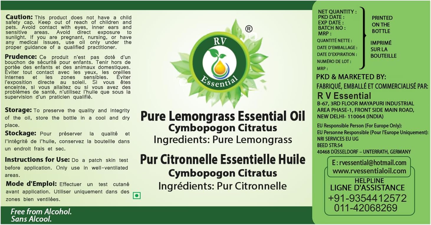 R V Essential Pure Lemongrass Essential Oil 100ml (3.38oz)- Cymbopogon Citratus (100% Pure and Natural Therapeutic Grade)