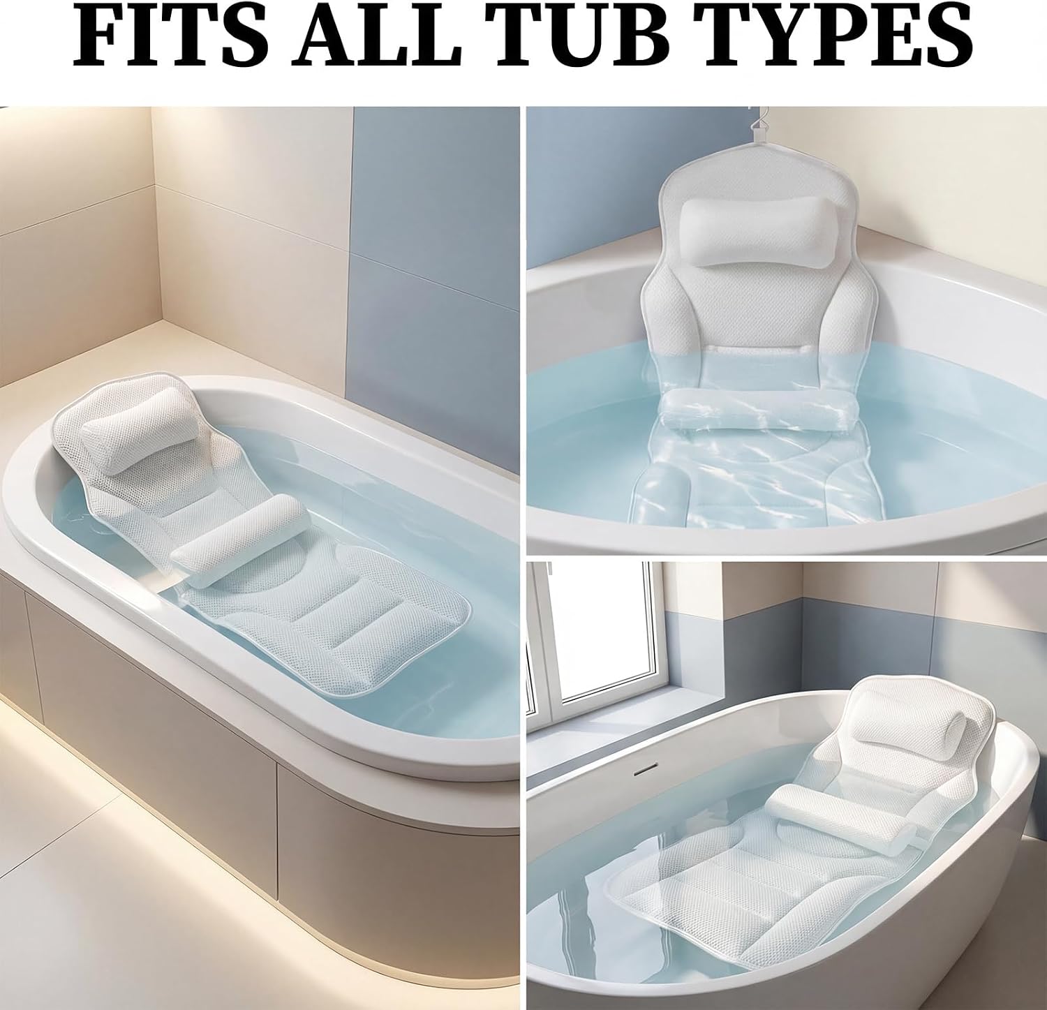 Full Body Bath Pillow for Bathtub, Adjustable Bathtub Pillows for Head and Neck Support, Extra Long Thick Bathtub Cushion with 192 Non-Slip Power Suction Cups, Spa Present Bath Pillow (52" x 17")