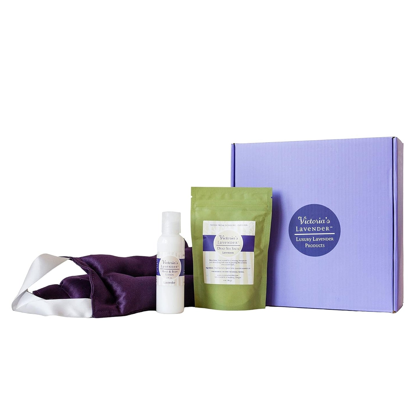 Victoria's Lavender Luxury Lavender Neck Wrap, Dead Sea Bath Salts, and Hand & Body Lotion , Microwavable Neck Heating Pad Filled with Lavender Buds & Flax Seed, Relaxing Spa Gift Basket, Set of 3