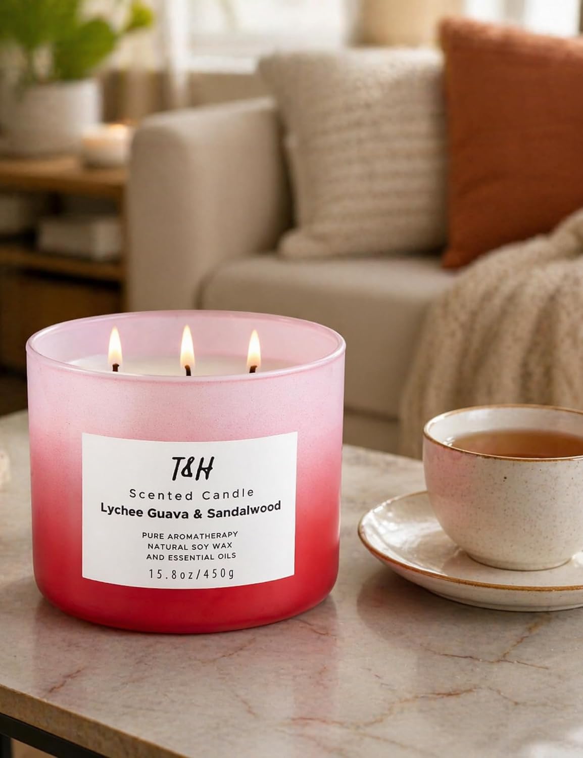 Lychee Guava Sandalwood 3 Wick Pink Scented Soy Summer Candle 15.8 oz | Sweet, juicy fruity tropical aromatherapy candle; clean burning, fills the room; candles for women; gift for girlfriend