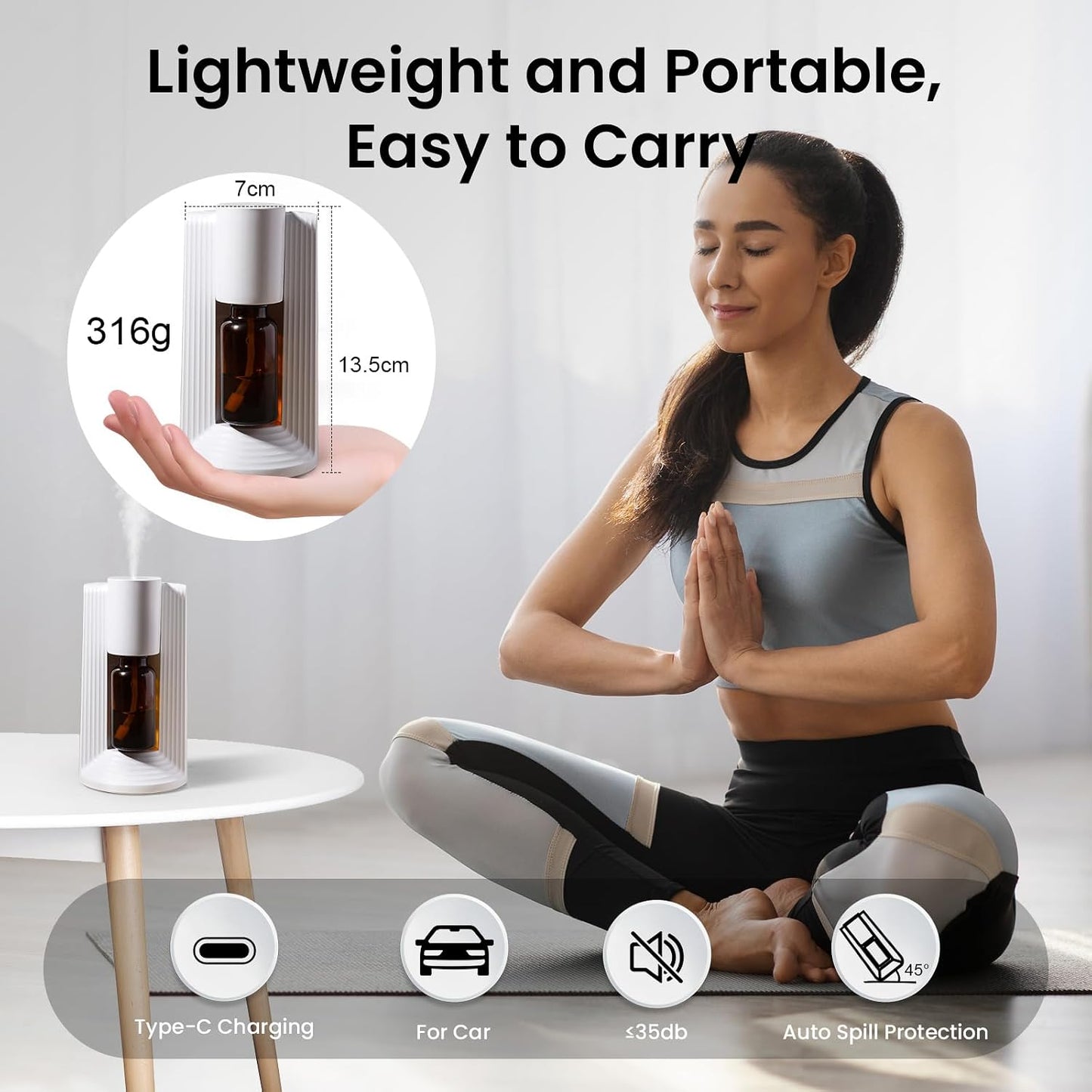 LAMA Waterless Essential Oil Diffuser, Portable Small Mini Scent Air Machine, Quiet Leak-Proof Home Fragrance Aroma Diffuser, USB Air Freshener with 1/2/3H Auto-Off Mode, 3 Mist Levels, White