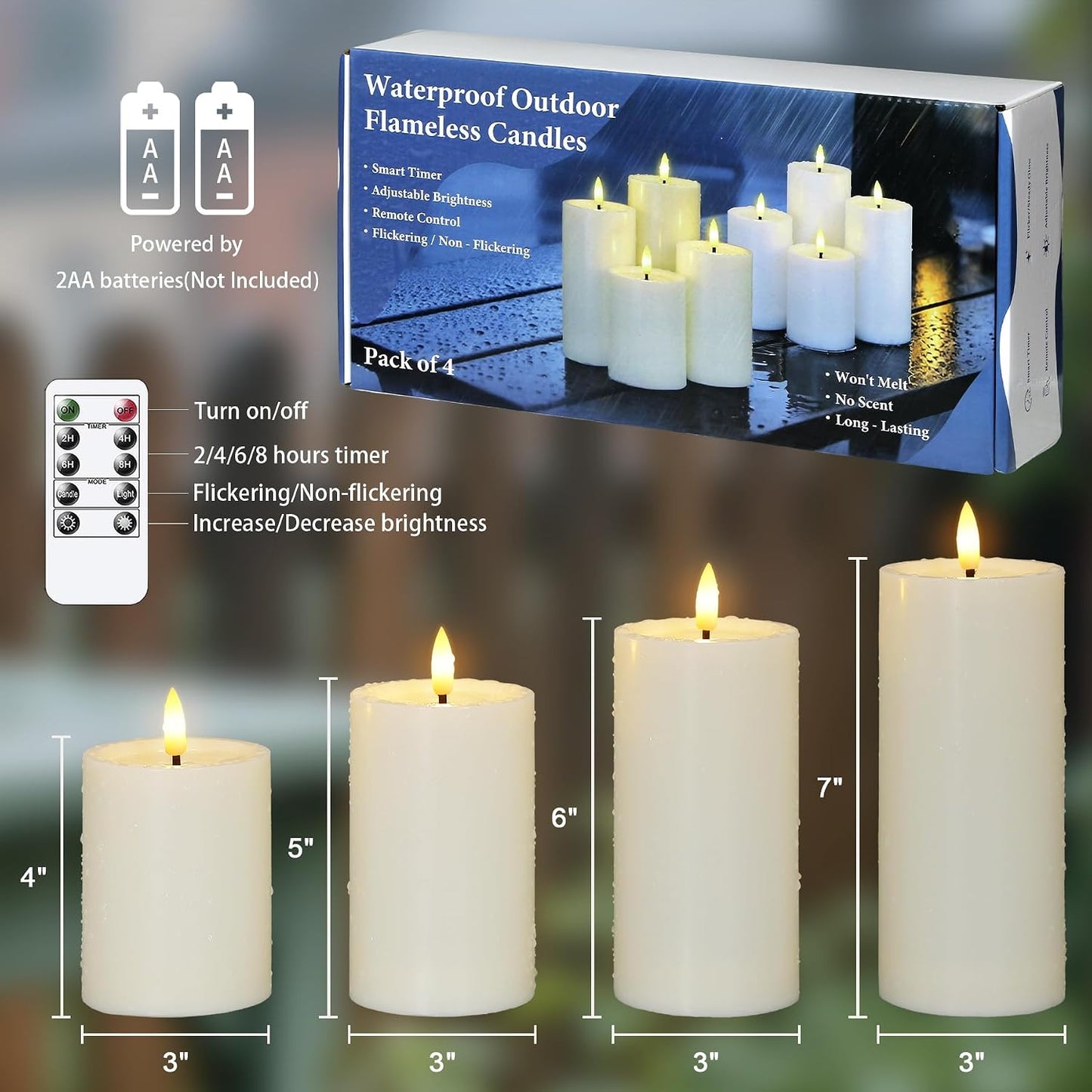 Yeelida Outdoor 4pcs Flameless Waterproof Candles with Handy Remote Control, Cycle Timer Battery Operated Candle Grease Effect LED Flickering Pillar Plastic Long Lasting (Ivory, 3" x4" 5" 6" 7")