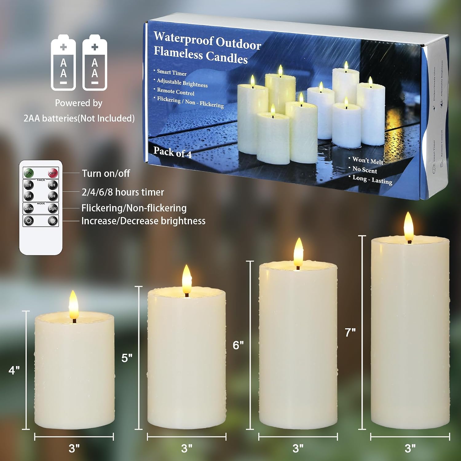 Yeelida Outdoor 4pcs Flameless Waterproof Candles with Handy Remote Control, Cycle Timer Battery Operated Candle Grease Effect LED Flickering Pillar Plastic Long Lasting (Ivory, 3" x4" 5" 6" 7")