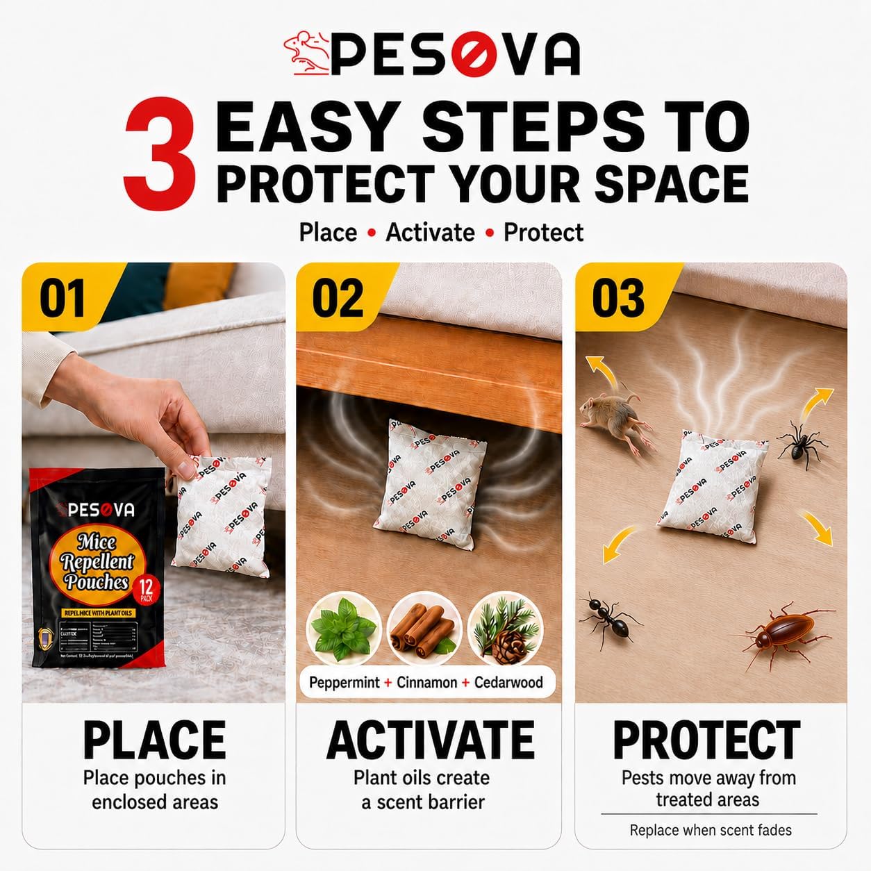 Mouse Repellent Pouches, Peppermint Cinnamon Cedarwood Oil Repellent, Natural Rodent Spider Ant Roach Deterrent for Car RV Garage Closet Basement Boat Shed Attic(6 Pouches)