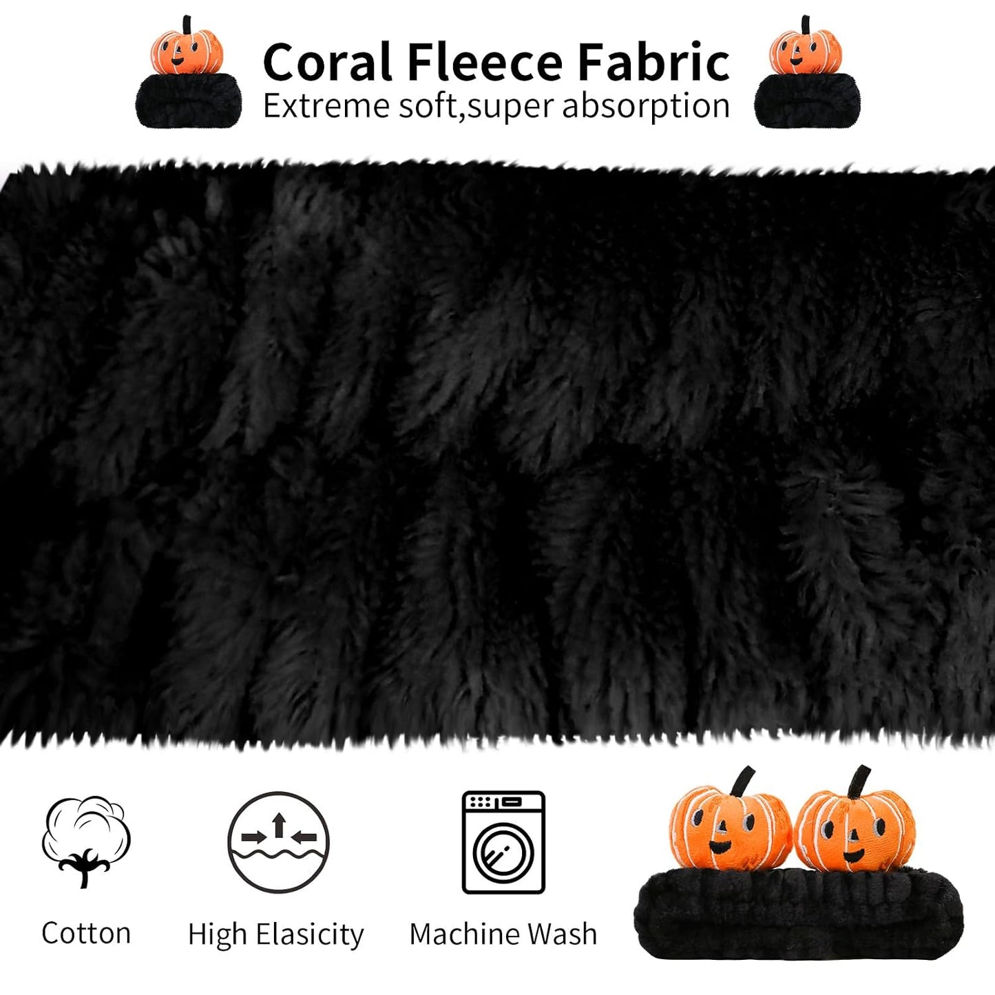 Kawaii Spa Headband and Wristband Set for Women Girls, Cute Halloween Skincare Headbands for Face Washing, Fluffy Makeup Headband for Washing Face, Bath, Shower and Beauty, Black Pumpkin