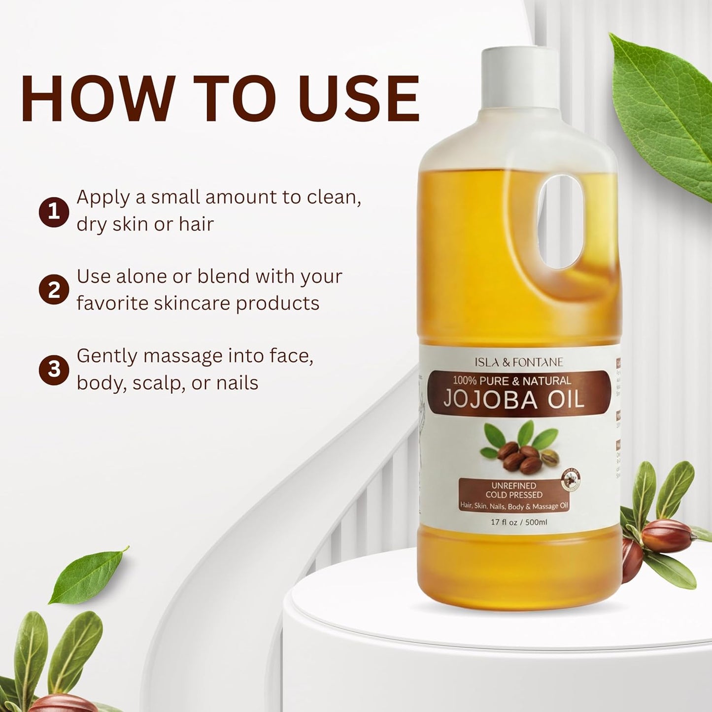 100% Pure & Natural Jojoba Oil 500ml/17.8 fl oz - Cold Pressed, Unrefined, Hexane Free Carrier Oil for Hair, Face, Body & Nails - Vegan, Non-GMO Moisturizer & Massage Oil