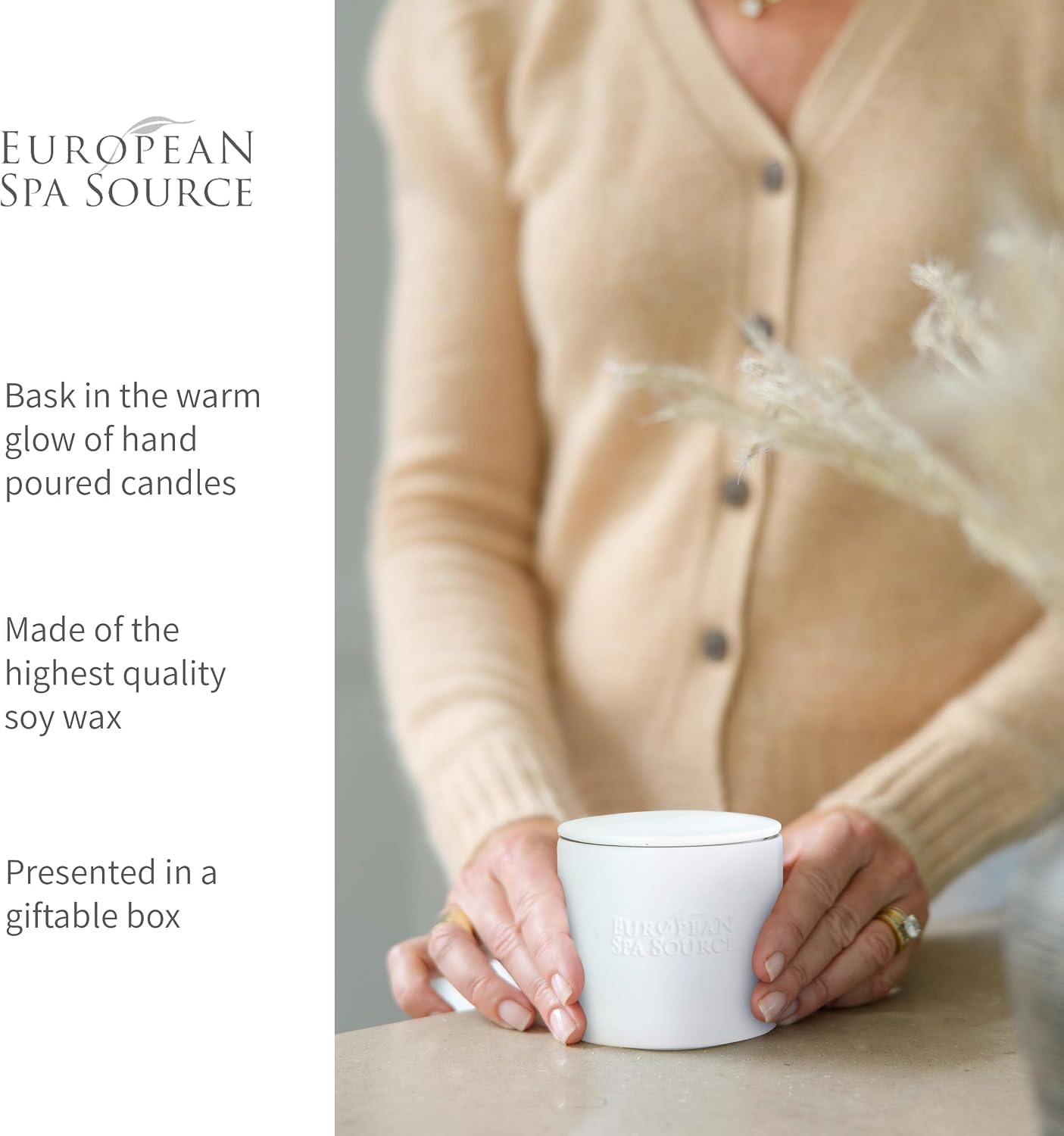 European Spa Source Jasmine Luxury Candle for Aromatherapy, Soy Wax Candle, Hand Poured, At Home Spa Experience Promoting Relaxation, 45 Hours of Burn Time