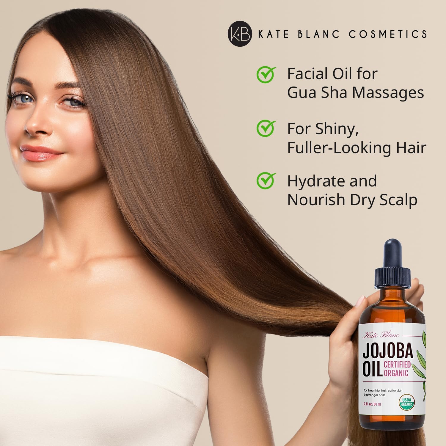 Kate Blanc Cosmetics Organic Jojoba Oil for Hair, Skin, Face, Nails (2oz) - USDA Certified, 100% Pure Cold Pressed Unrefined - Moisturizing Carrier Oil for Gua Sha, Dermaplaning, Body - Glass Bottle