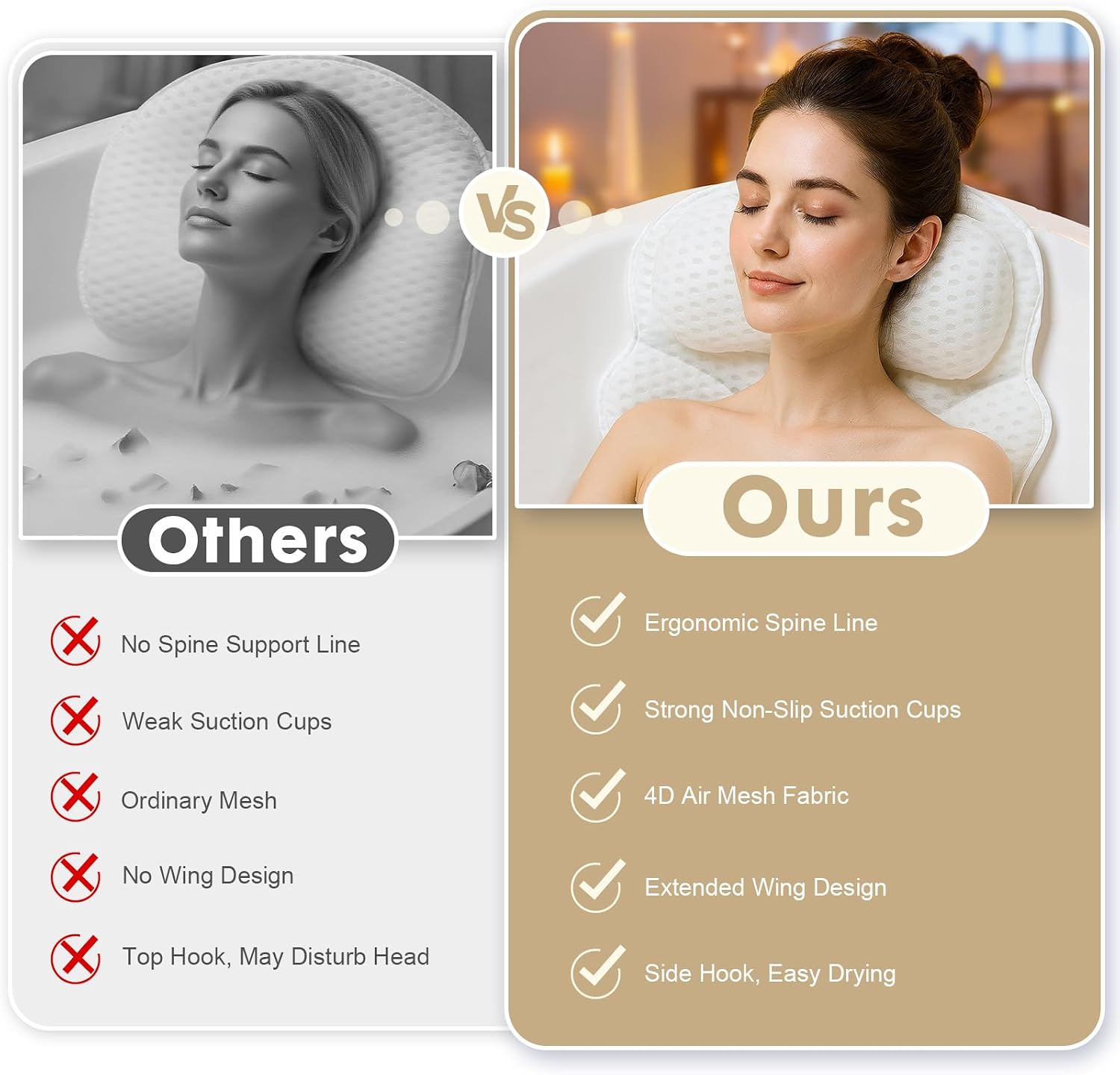 Small Bath Pillow – Bathtub Pillow with Head, Neck & Shoulder Support, Non-Slip Tub Pillow for Bathtub & Jacuzzi, Breathable Bath Tub Pillow with Wash Bag, Bath Accessories Gift for Women & Men