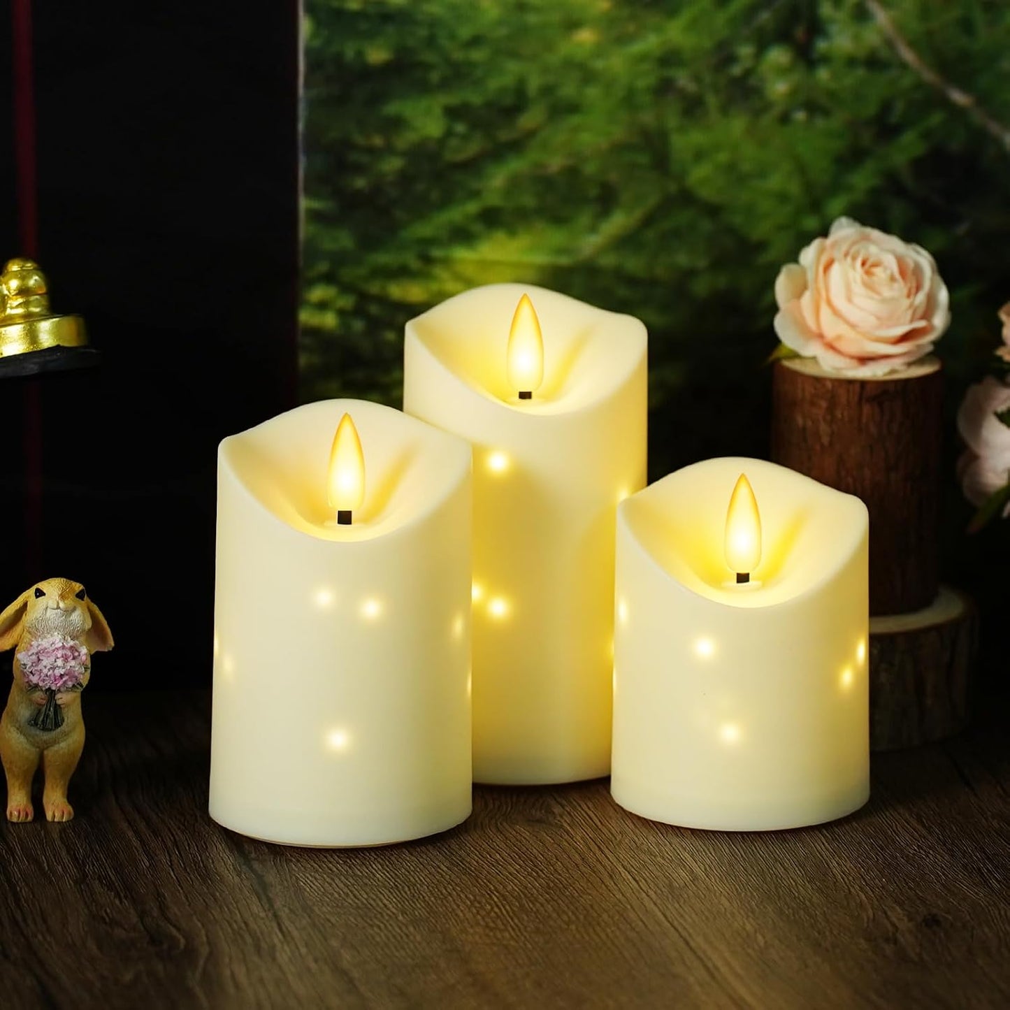kakoya Outdoor Waterproof Flickering Flameless Candles with Embedded Star String,3Pcs LED Pillar Candles Battery Operated with Remote and Timers for Courtyard,Porch,Camping,Holiday Decoration(Ivory)