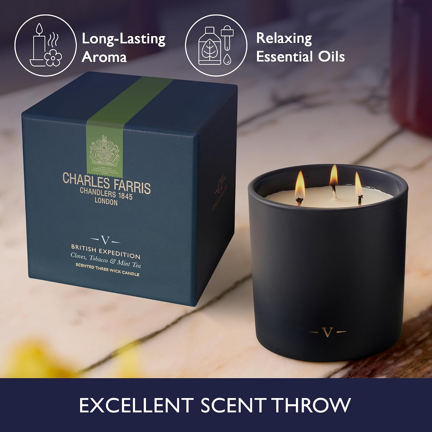 Charles Farris Luxury Scented Candle – 3 Wick, Hand-Poured, Long Lasting, Clean Burning, 640g / 22.5oz, Up to 80 Hours of Burn Time, Made in England – Cloves, Tobacco & Mint Tea – British Expedition