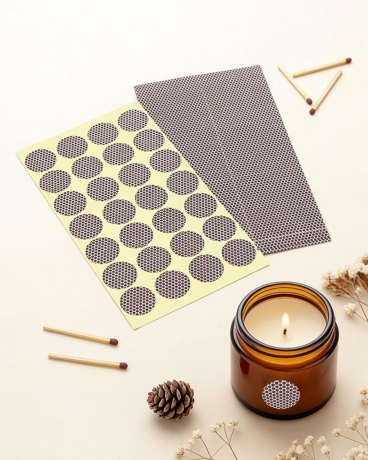 60 Pcs Match Striker Stickers, Match Striker Paper with Adhesive, Honeycomb Textured Surface for Instant Ignition, Multi-Surface Adhesion for Matchbox Replacement, Camping & DIY Crafts