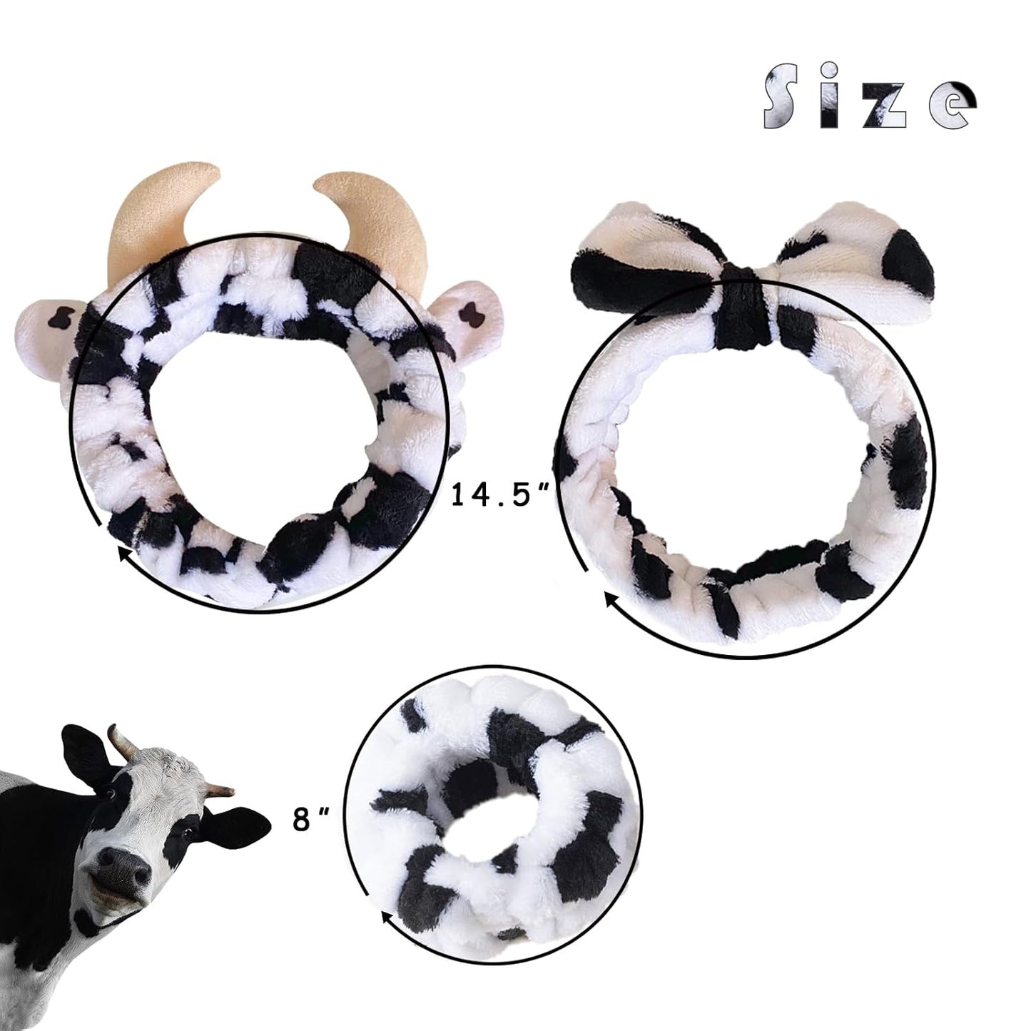 Cow Wash Face Headband & Spa Wristbands Soft Hair Scrunchy Set for Women Skincare Makeup Bath and Costume Party Accessories
