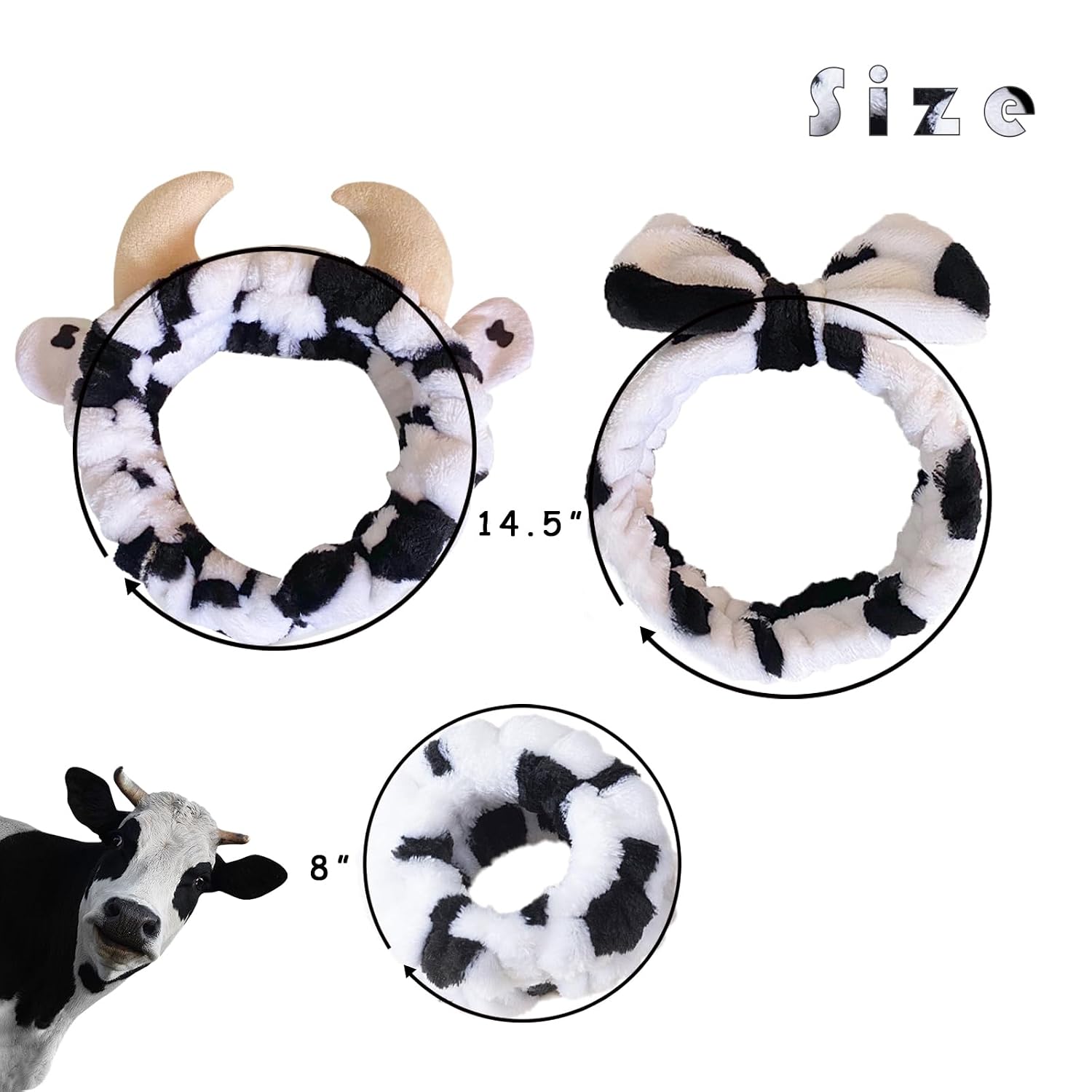 Cow Wash Face Headband & Spa Wristbands Soft Hair Scrunchy Set for Women Skincare Makeup Bath and Costume Party Accessories