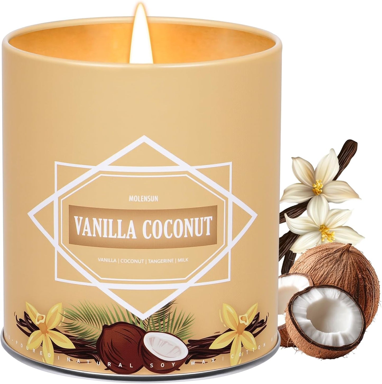 Vanilla Coconut Candle, Candles for Home Scented, 9 oz Soy Wax Candle Gift for Women Men, Aromatherapy Tin Jar Candle