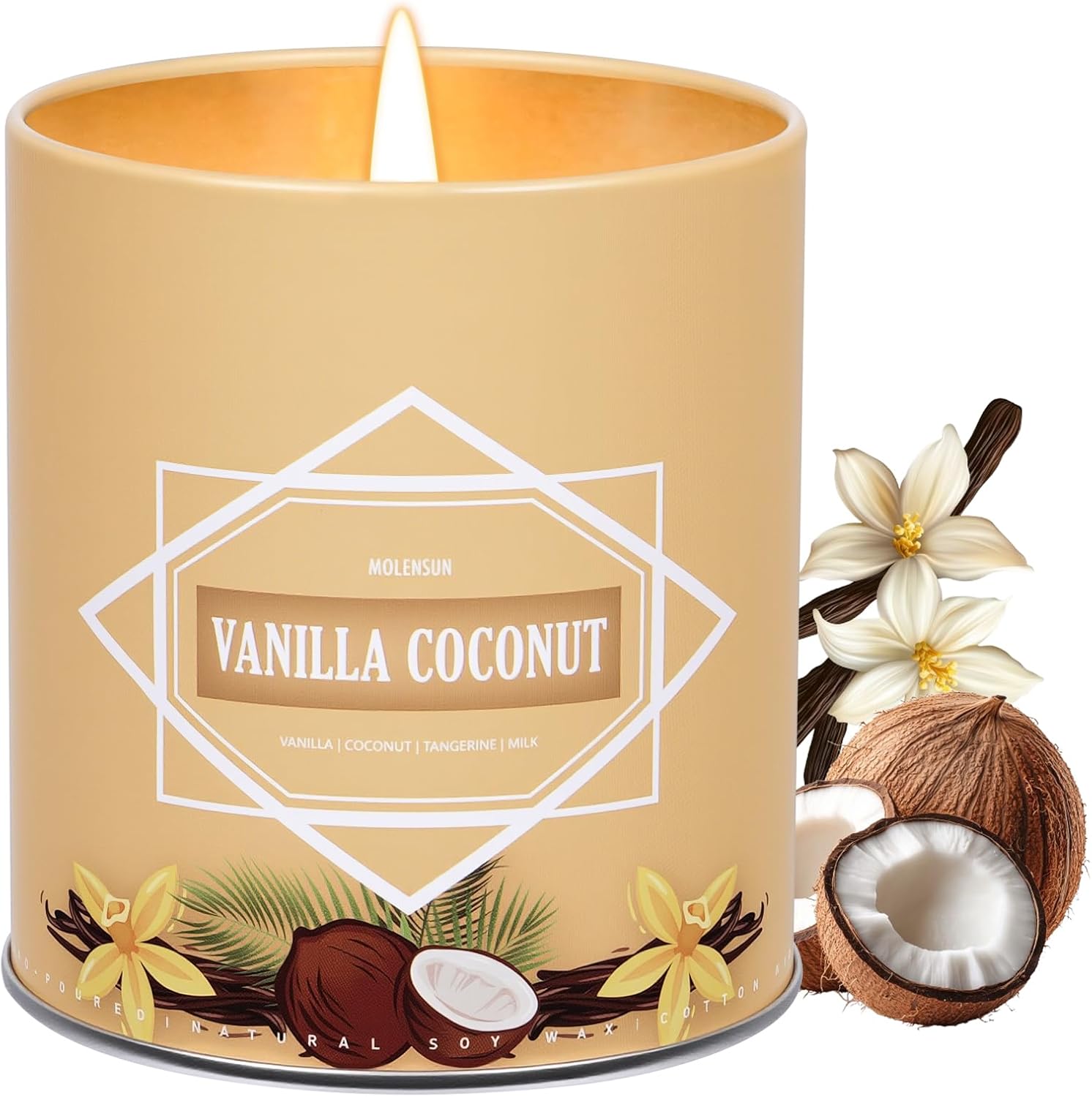 Vanilla Coconut Candle, Candles for Home Scented, 9 oz Soy Wax Candle Gift for Women Men, Aromatherapy Tin Jar Candle