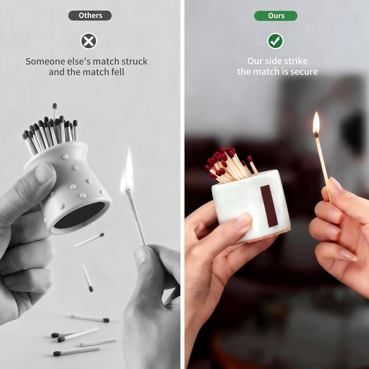 (2 Pcs) Marble Match Holder with Striker, 2.6" x 2" Matches in a jar, Candles Cute Home, Bathroom Decor - Candle Lover Gifts - Matches Not Included