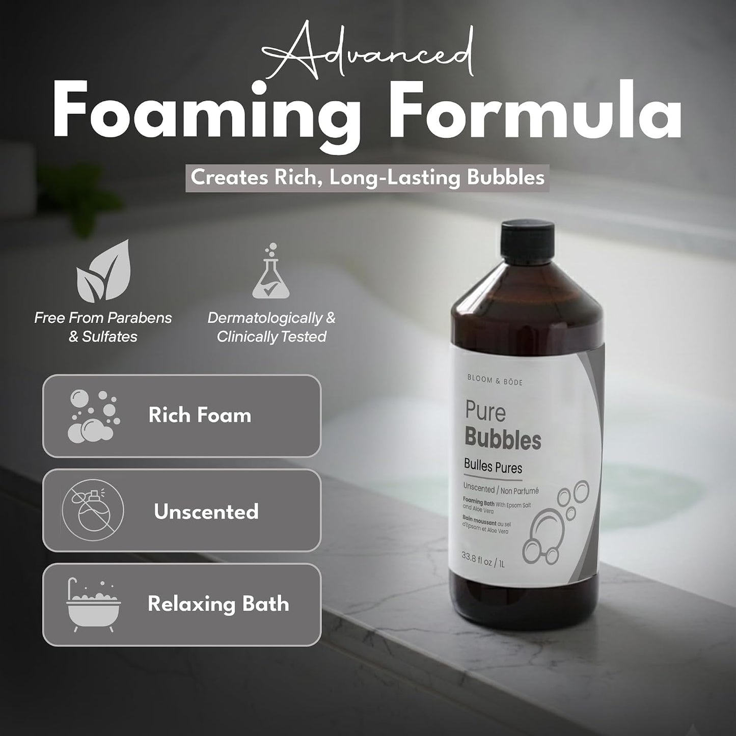 Luxury Unscented Foaming Bath - Natural Fragrance-Free Bubble Bath with Aloe Vera and Epsom Salt - Pure Bubbles Scent (Unscented), 33.8 fl oz / 1L