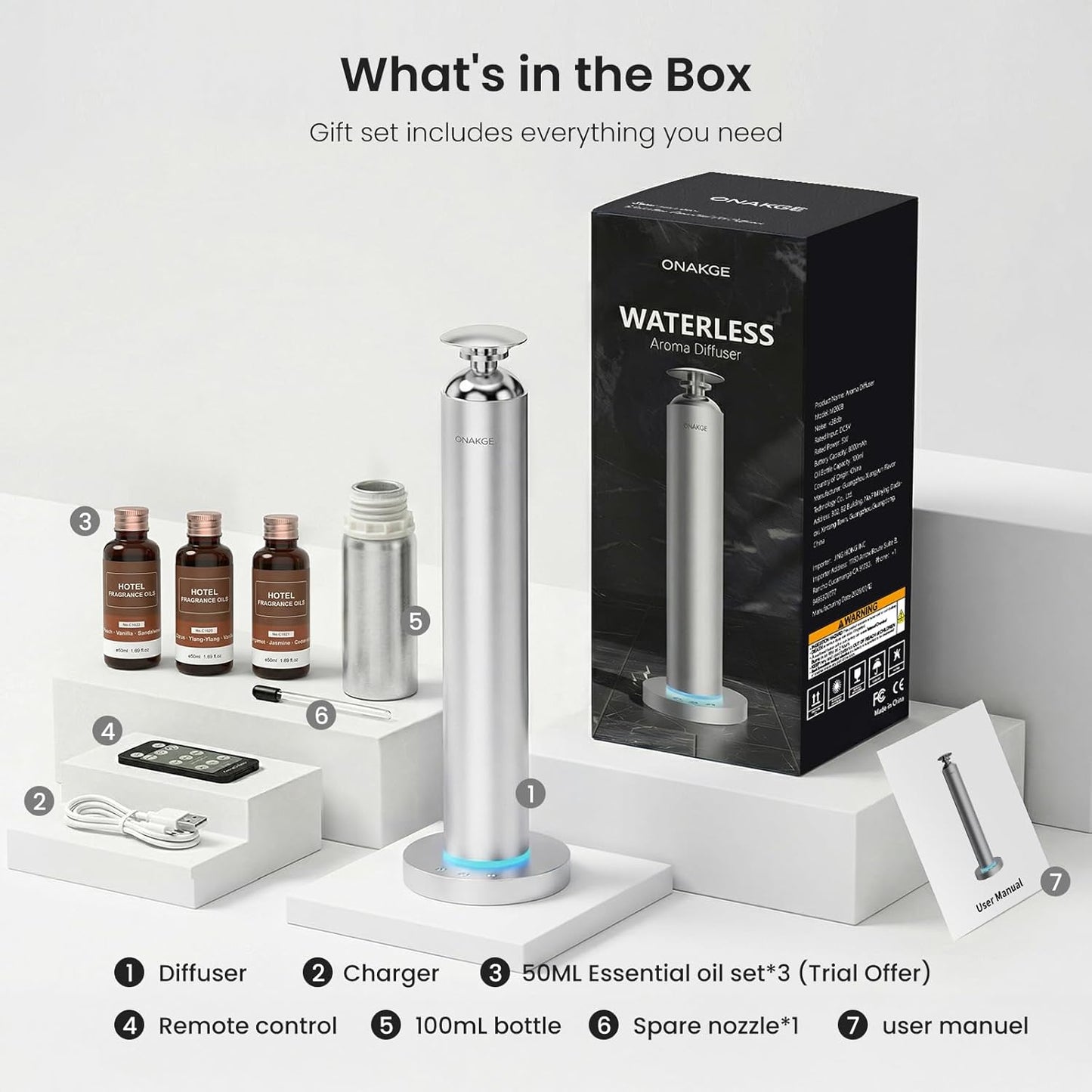 Waterless Aroma Diffuser, 8000mAh Battery Scent Air Machine for Large Room up to 1500 Sq Ft, Cold Air Diffusion Essential Oil Diffuser with App & Remote Control, Quiet Design for Home, Office, Hotel