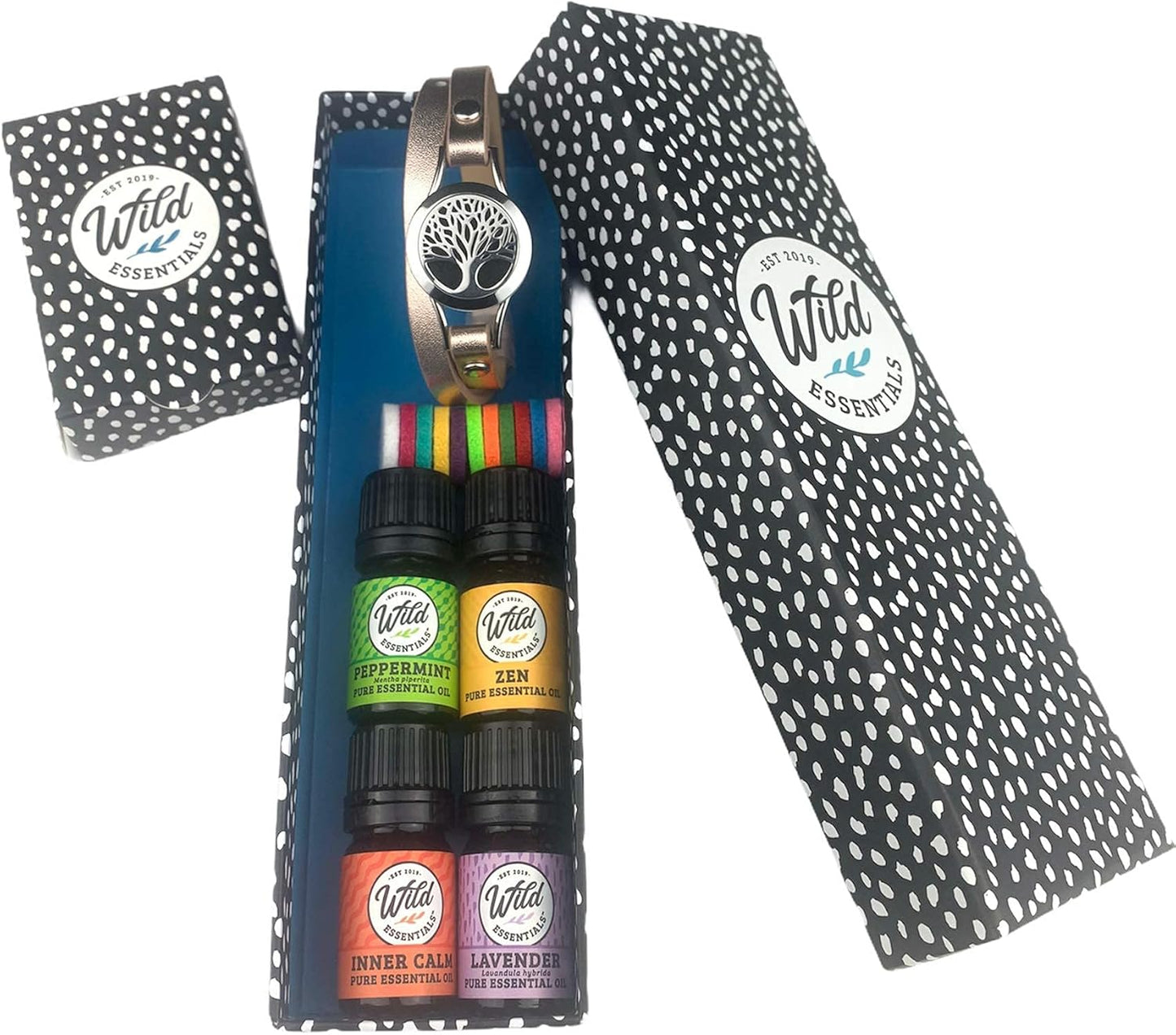 Wild Essentials Tree of Life Essential Oil Leather Wrap Bracelet Diffuser, Gift Set, Lavender, Lemongrass, Peppermint, Orange Oils, 12 Pads, Customizable Color Changing Perfume Jewelry, Aromatherapy