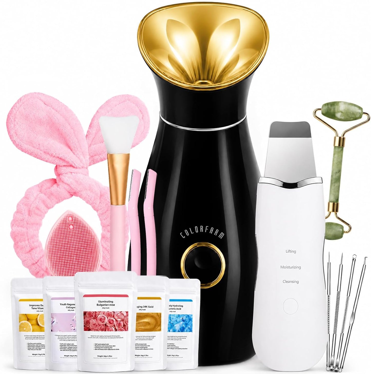 Colorfarm Facial Steamer Nano Ionic: Face Steamer Home Spa Kit Deep Cleaning Unclogs Pores Sinuses Inhaler with 8 Skin Care Tools - Relaxing Self Care Skincare Beauty Gifts for Women (Black Gold)