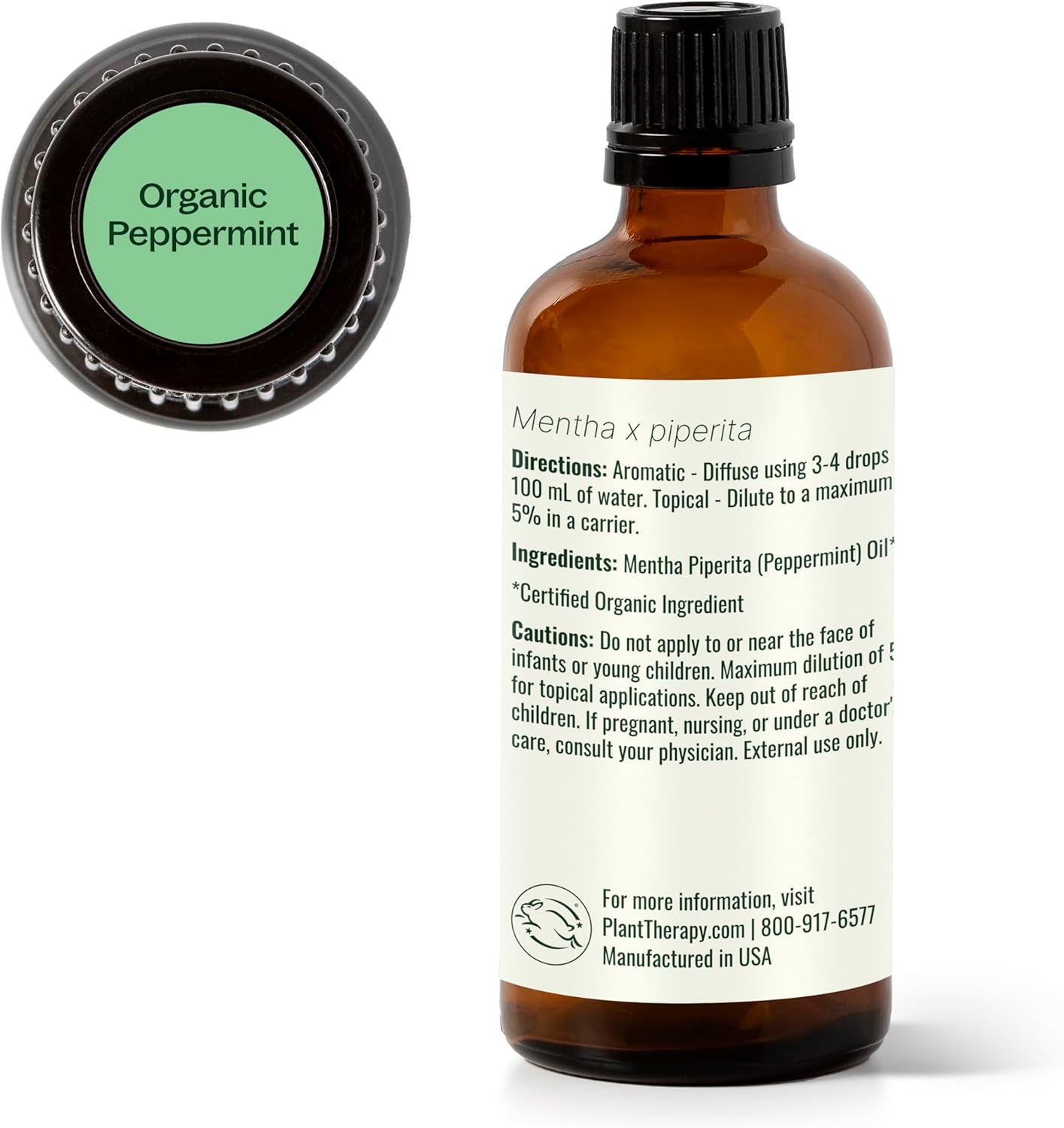 Plant Therapy Organic Peppermint Essential Oil, 100 mL (3.3 oz), 100% Pure and Undiluted, USDA Certified Organic, for Diffusion, Skin, and Hair