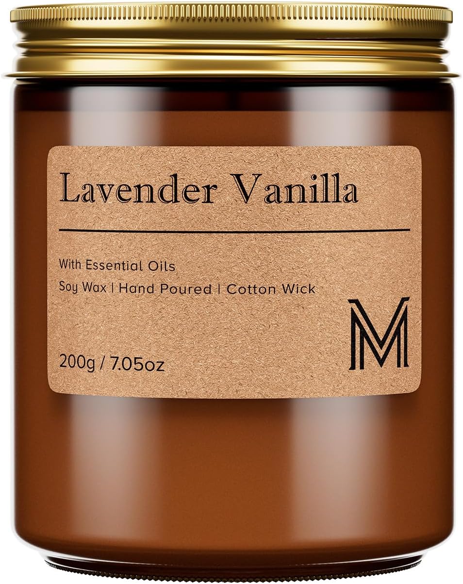 M&SENSE Lavender Vanilla Scented Small Candle, 7.5Oz Aromatherapy Candle for Home Fragrance, Soy Wax Candles Gift for Birthday, Housewarming, Amber Jar Candle for Stress Relief, Meditation, Yoga