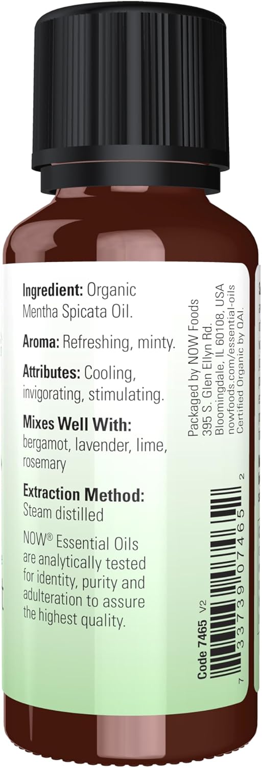NOW Essential Oils, Organic Spearmint Oil, Stimulating Aromatherapy Scent, Steam Distilled, 100% Pure, Vegan, Child Resistant Cap, 1-Ounce
