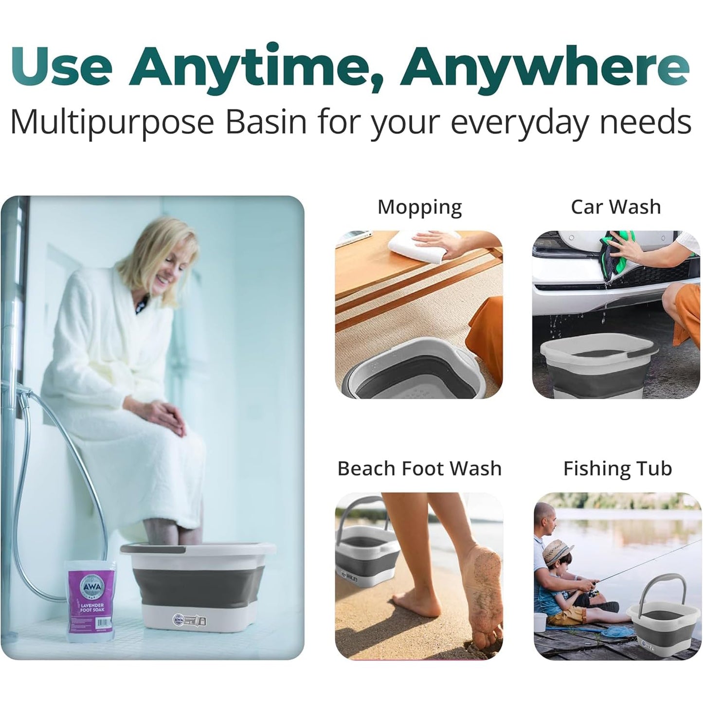 Collapsible Foot Bath Basin for Soaking Feet, Foot Soak Tub, Plastic Foot Bucket with Handles and Massage Acupoint for Pain Relief,Pedicure,Home Spa Treatment (White)