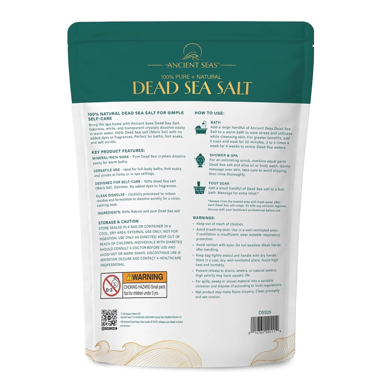 Ancient Seas Dead Sea Salt Bulk 25 lb, Fine Grain, USP Grade, Fragrance-Free Therapeutic Mineral Bath Salt for Soaking, Foot Soaks & Exfoliating Scrubs