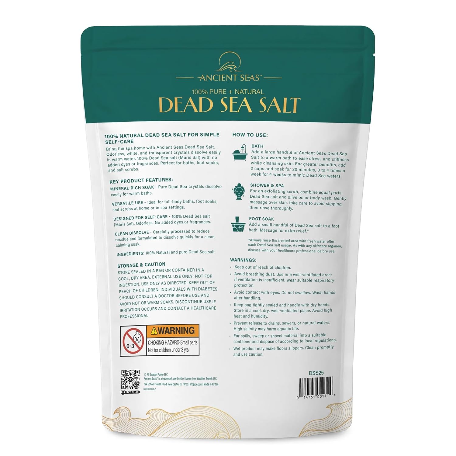 Ancient Seas Dead Sea Salt Bulk 25 lb, Fine Grain, USP Grade, Fragrance-Free Therapeutic Mineral Bath Salt for Soaking, Foot Soaks & Exfoliating Scrubs