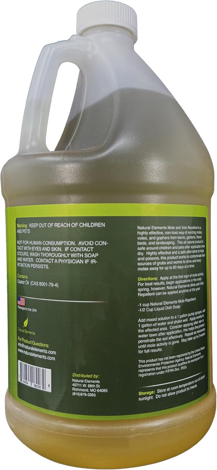 Natural Elements Mole and Vole Repellent – 100% Castor Oil Formula – Lawn and Yard Treatment – Covers Large Areas – 128 oz (1 Gallon)