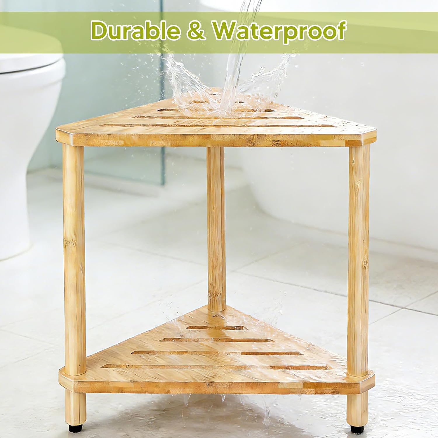 Bamboo Corner Shower Stool with Soap Dish, Waterproof Bath Bench Seat for Shaving Legs Inside Shower, 2-Tier Height Adjustable Foot Rest with Storage Shelf, Corner Bench for Women