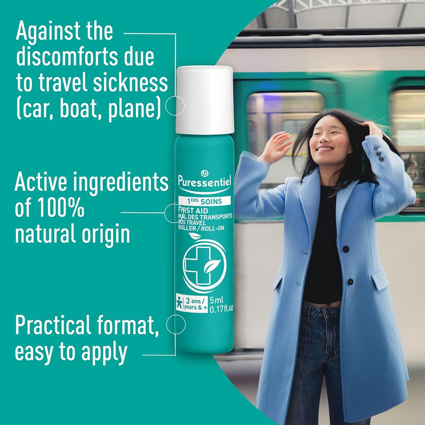 Puressentiel SOS Travel Sickness Roller - Essential Oils Roll-On for Motion Sickness - Calming Agents Suitable for Children - No Synthetics - 0.17 oz