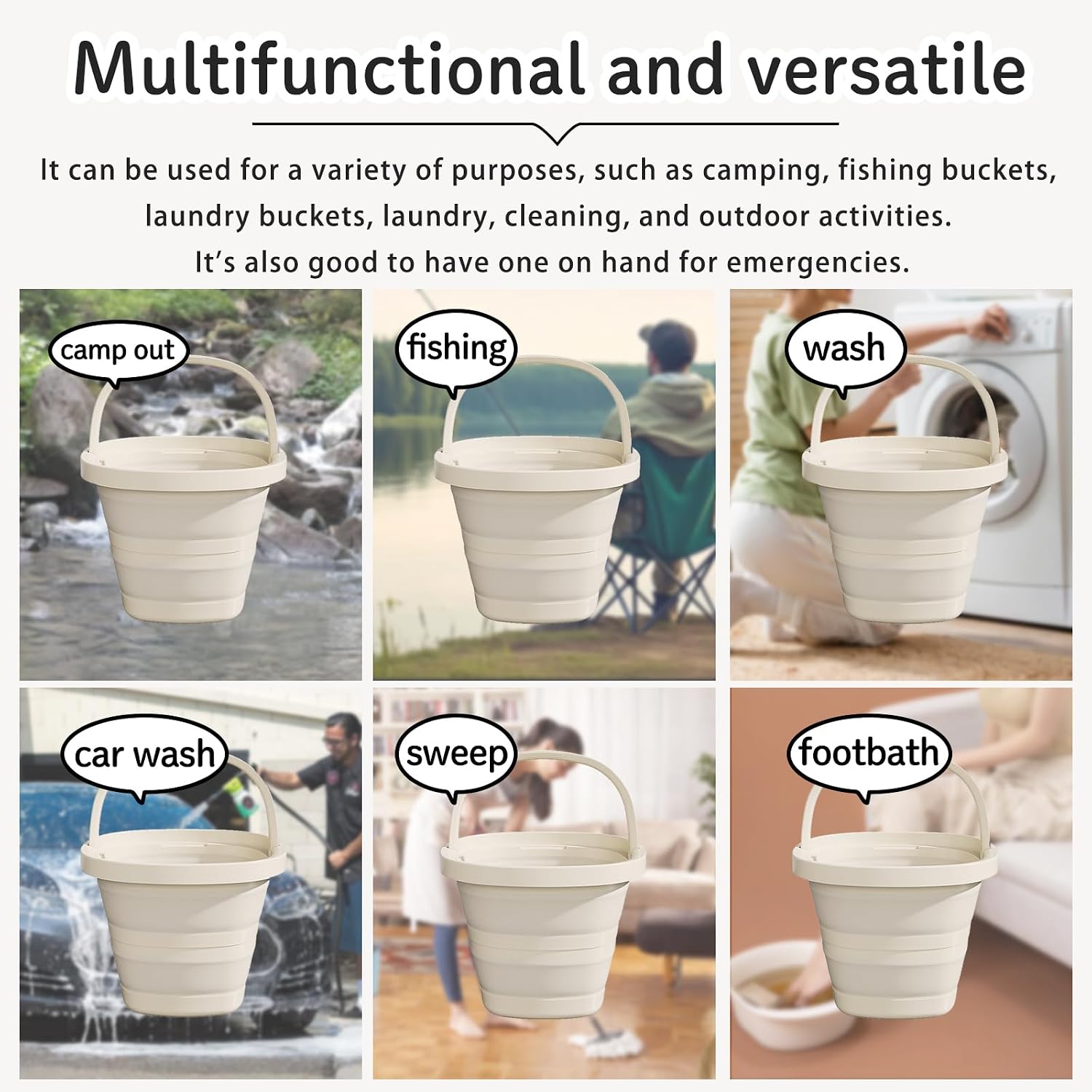 Folding Bucket, Water Bucket, 5L, 10L, Thick, Multi-Functional, Convenient, Foot Bath, Square, Stylish, Camping, Laundry, car wash, Foot Bath, Fishing (Beige-5L)