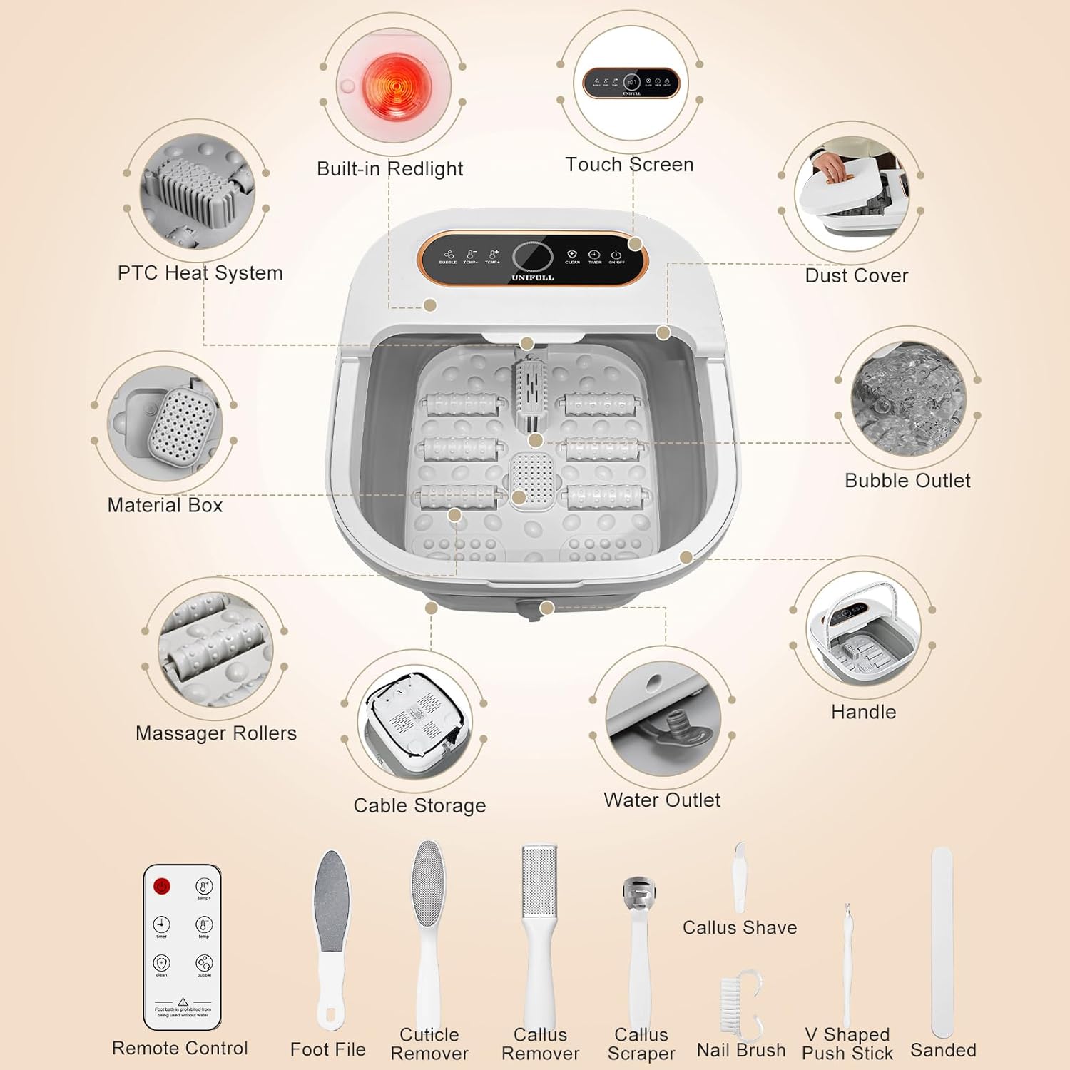 UNIFULL Collapsible Foot Spa Bath with Heat, Touch Screen, Remote Control, Massage Rollers, Timer, Bubble, Foot Pedicure Kit, Temperature Control Pedicure Foot Spa, Foot Bath