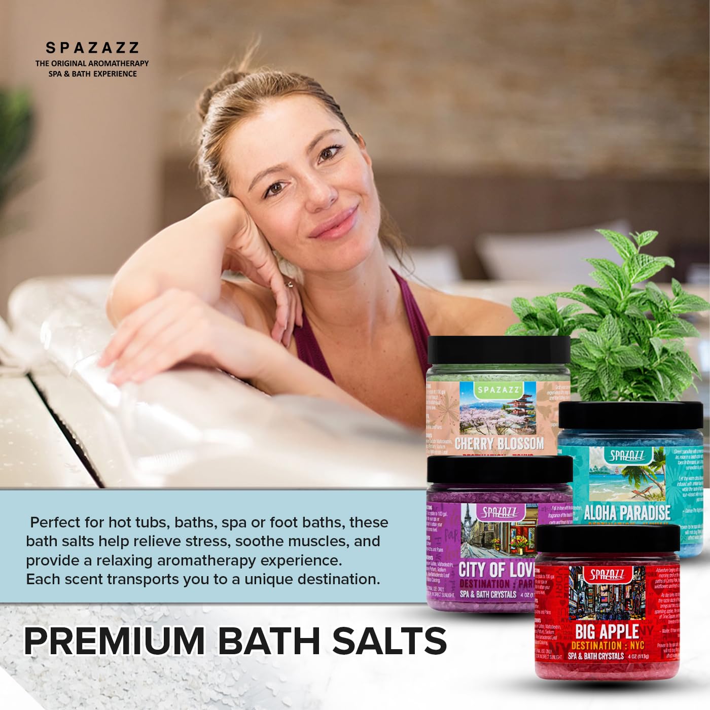 Hot Tub & Spa Aromatherapy Bath Salt Crystal Scents Spazazz Destinations Collection Bundle Aloha Paradise, Big Apple, City of Love, Cherry Blossom - Will Not Damage Spas & Hot Tubs (4 oz)