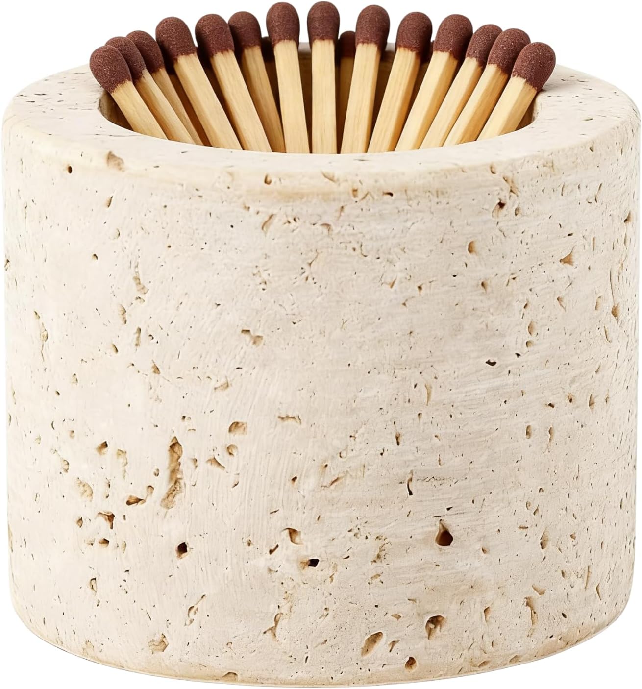 1 Match Holder with 3 Strikers, 2.56x1.97in Travertine Stone Decorative Fireplace Matches Dispenser Matchstick Organizer Cute Candle Jar for Camping Home Parlor Bathroom Kitchen, Matches Not Included
