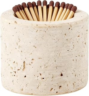 1 Match Holder with 3 Strikers, 2.56x1.97in Travertine Stone Decorative Fireplace Matches Dispenser Matchstick Organizer Cute Candle Jar for Camping Home Parlor Bathroom Kitchen, Matches Not Included