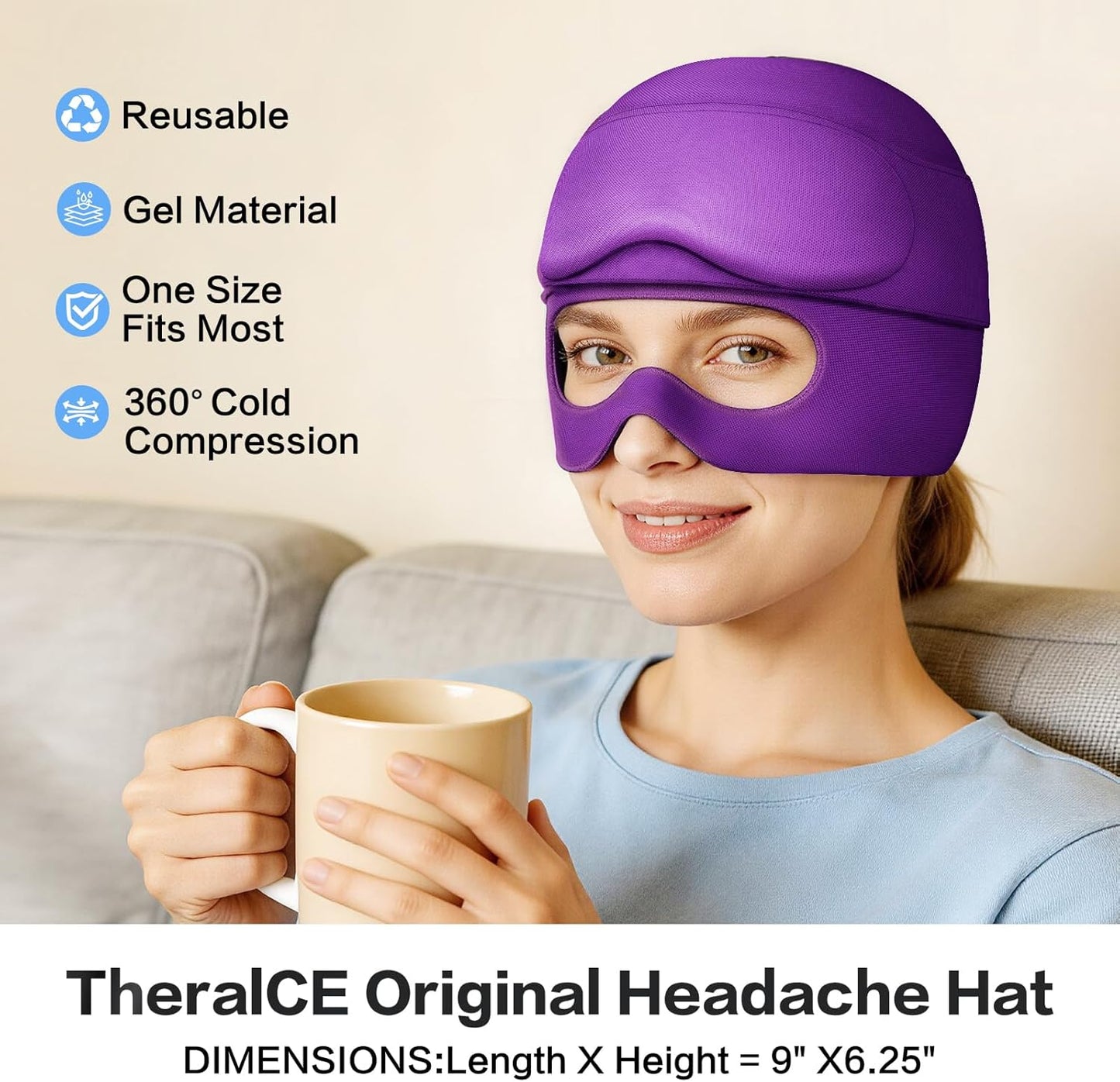 2 in 1 Migraine Relief Cap with Gel Eye Mask, Headache Relief Cap Ice Head Wrap Hot and Cold Therapy Hat Gift for Women for Headache Puffy Eyes Sinus and Tension Stress Relief (Purple)