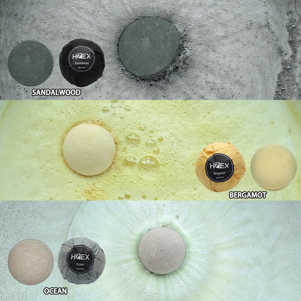 HZEX Charcoal Activated Bath Bombs for Men – Detox with Handmade Organic 6 Pack Bath Bomb Set, up to 3 Scents (Sandalwood, Bergamot, Ocean), Individually Wrapped (Mixed)
