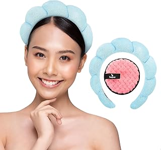 Spa Headband - Makeup and Face Washing Headband with Makeup Remover Pad for Bubble Bath (BLUE)