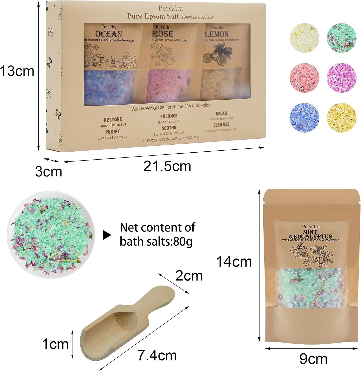 Bath Salts for Women Relaxing, Anniversary Birthday Gift Set, 6 Individually Wrapped with Natural Sea Salt, Minerals and Dried Flowers, Spa Bath & Foot Soak, Self Care for Women and Men, 6 Scents