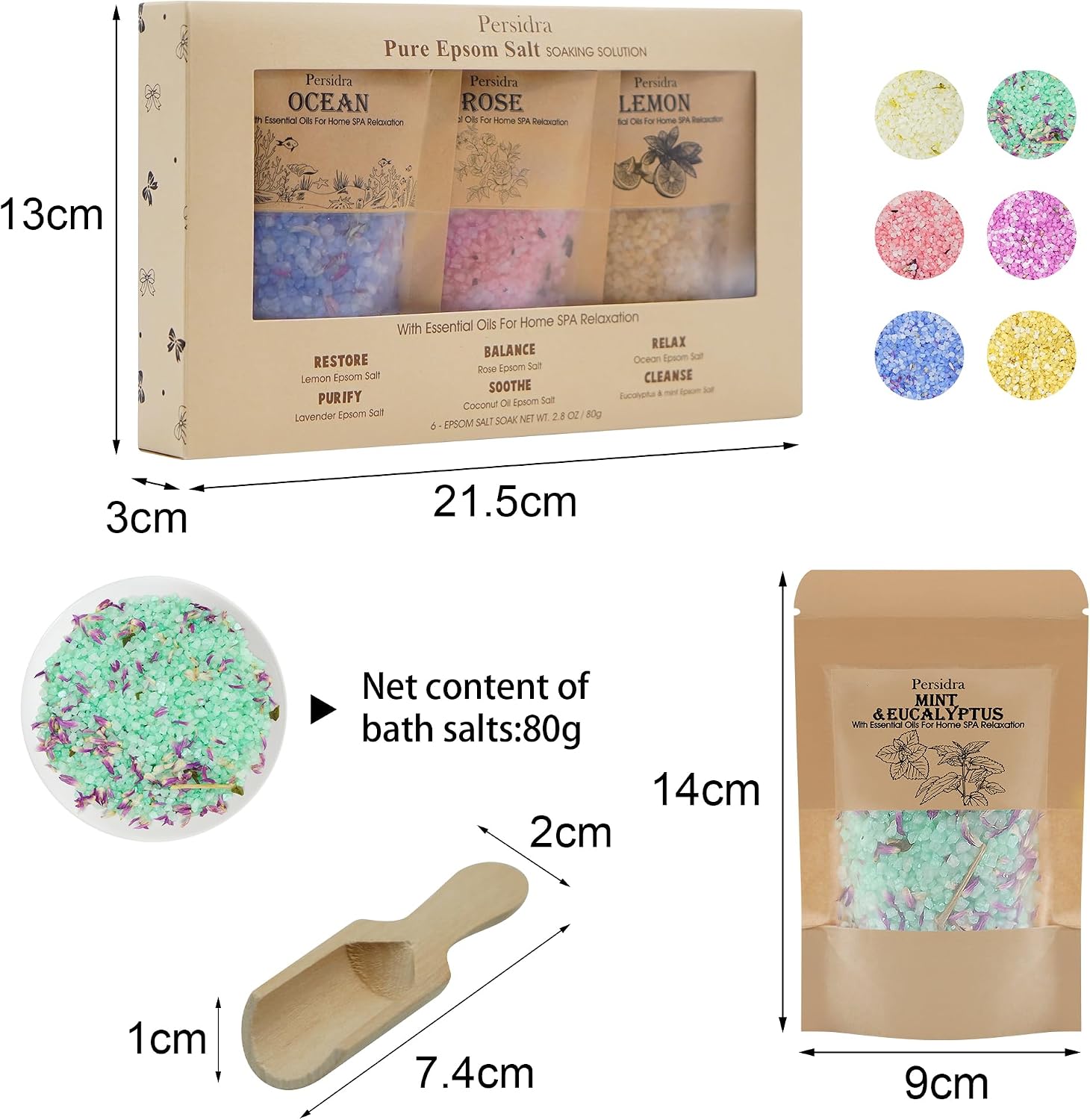 Bath Salts for Women Relaxing, Anniversary Birthday Gift Set, 6 Individually Wrapped with Natural Sea Salt, Minerals and Dried Flowers, Spa Bath & Foot Soak, Self Care for Women and Men, 6 Scents