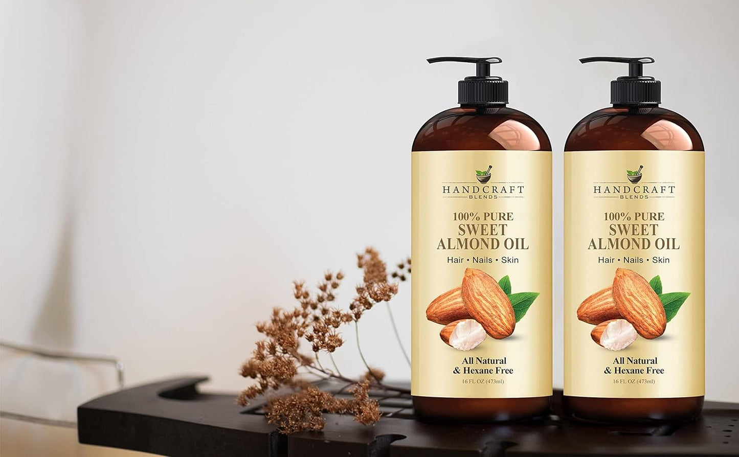 Handcraft Blends Total Body Hydration Set: Sweet Almond Oil and Fractionated Coconut Oil – (2 x 16 Fl Oz) – 100% Pure & Natural – Premium Carrier Oils for Skin, Hair, and Massage