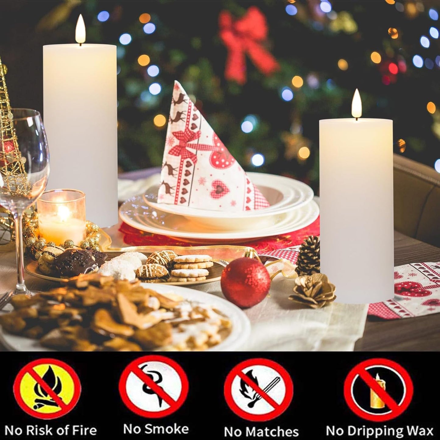 volnyus White Flameless Candles Set of 2 (2.2x5 Inch) Flickering LED Wax Candles Battery Operated with Remote Control Timers for Fireplace Bedroom Livingroom Party Dimmable Pillars Flat top