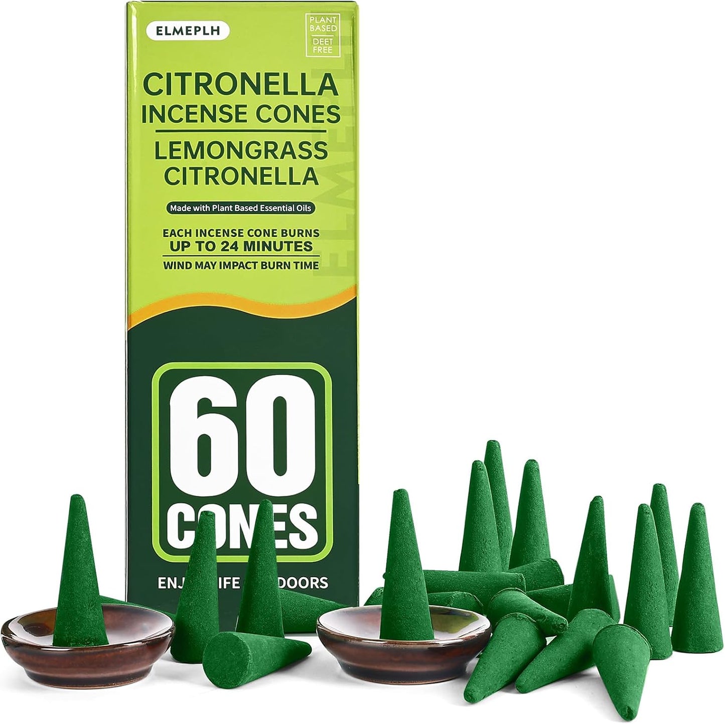 60 PCS Citronella Incense Cones Outdoor - Natural Citronella Incense Cone for Camping, Patio, Hiking,etc(Includes 2 Ceramic Dishes)